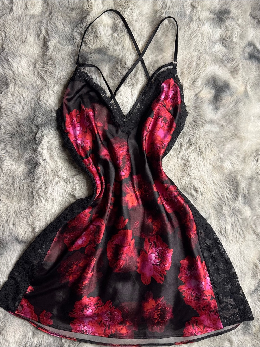 Victoria's Secret Black Satin Chemise with Pink & Red Floral Print
